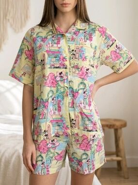 Disney Store Hawaiian Style Mickey and Minnie Mouse Print Pajama Set NWT